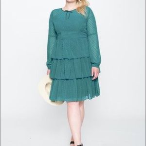 Eloquii Tiered Dot Texture Long Sleeve Teal Dress